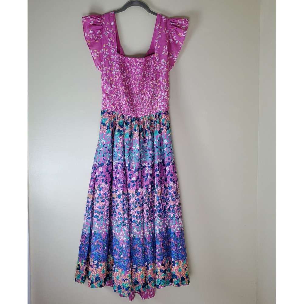 NWT Caroline Constas Smocked Floral Midi Dress Medium Ruffle Sleeves Tie Back